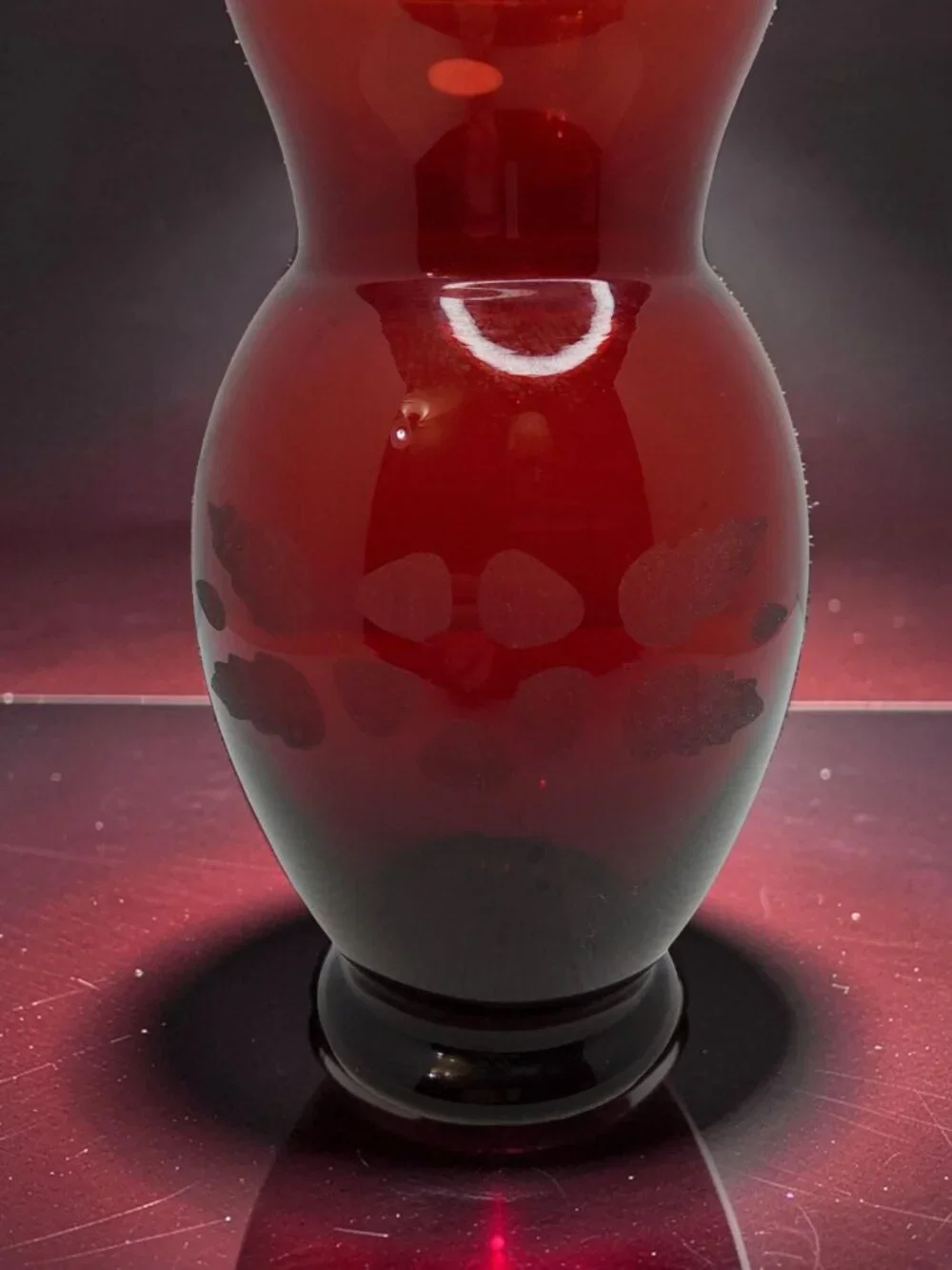 vintage anchor hocking ruby red etched flower glass vase